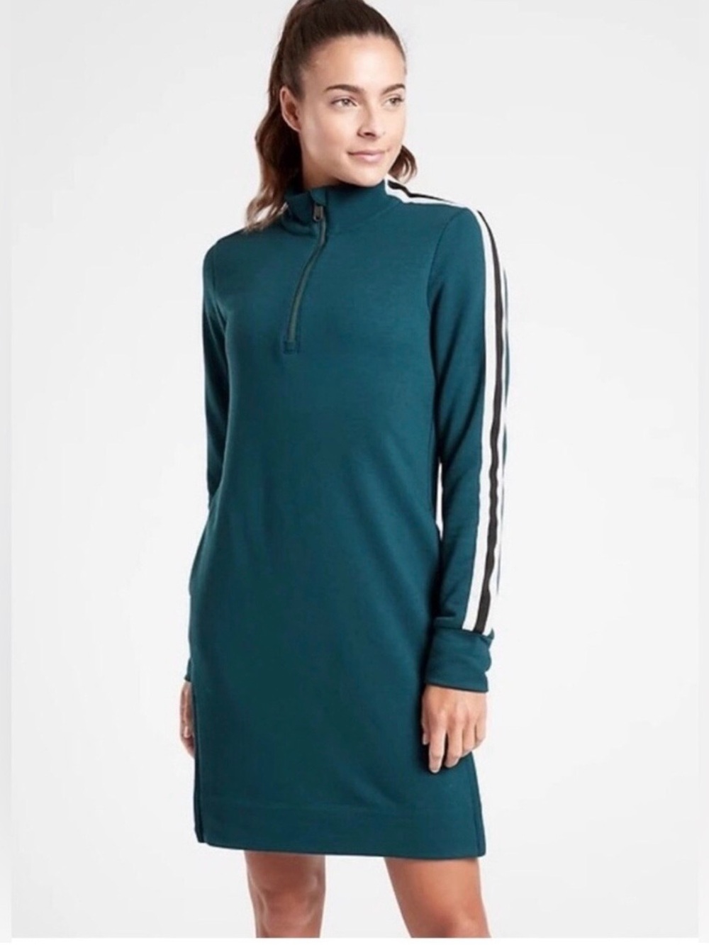 Athleta XLT Teal Quarter-Zip Long Sleeve Athletic Dress with Stripe